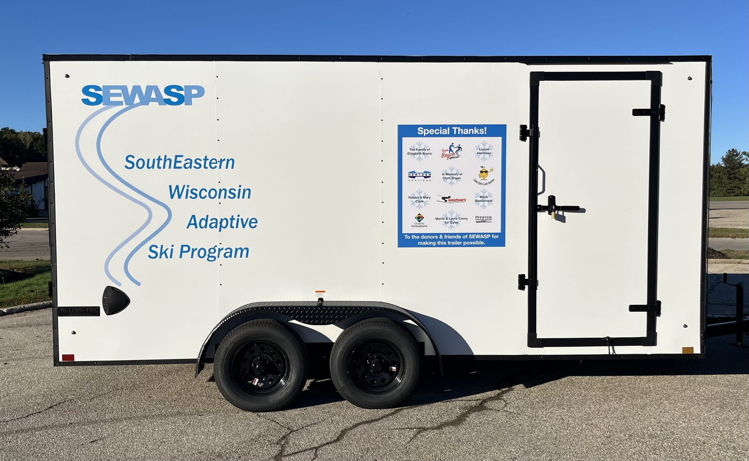 Photo of new SEWASP trailer for 2025-2026 wtih SEWASP logo and "Special Thanks!" donor panel